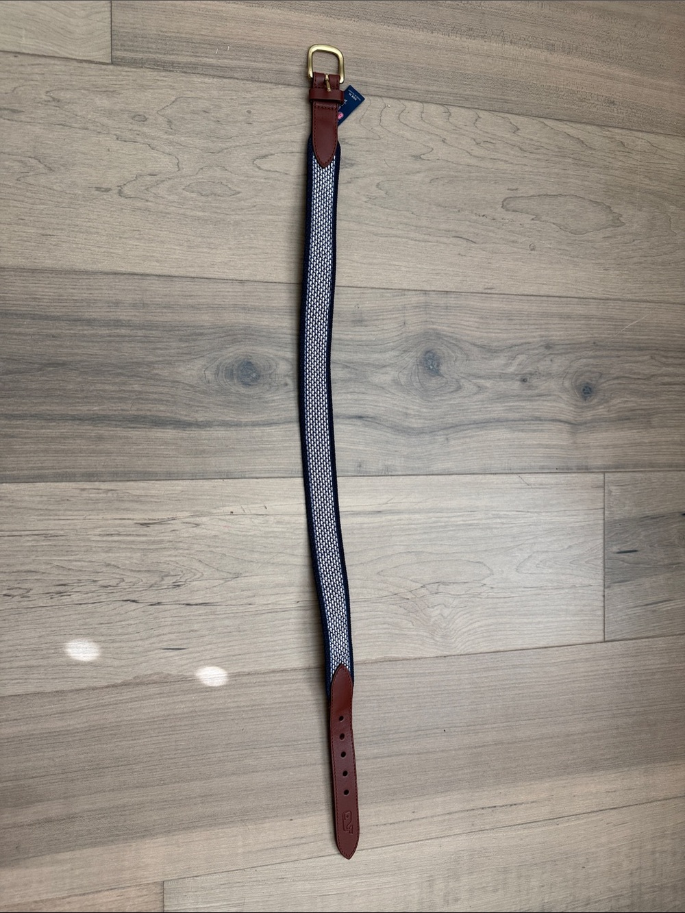 Vineyard Vines Navy & White Boy’s Belt with Brown Leather Trim